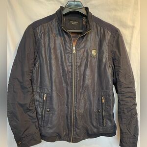 De-Niko luxury Italian Blue & Black faux leather Mens Bomber Jacket sz Lg